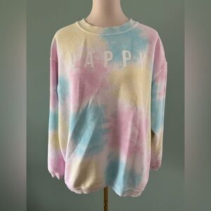Pink and Blue Tie-Dye Crew Neck Sweater with Happy Print